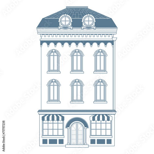 European Tenement house. Vector illustration of old historical town house in minimalistic flat line technique. Simple line design. Black and white
