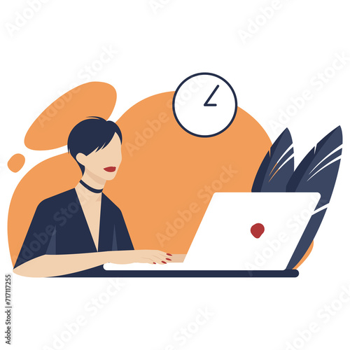 Office lady. Flat vector illustration of a beautiful woman sitting at the desk and typing on laptop. Banner background template. 