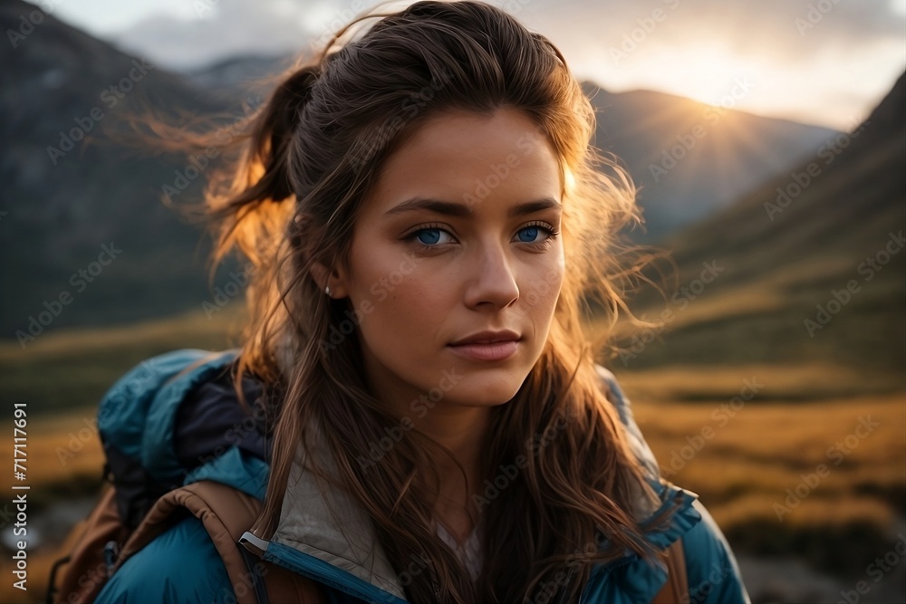A stunning woman standing in front of a breathtaking sunset in the mountains with beautiful sunset. A stunning woman standing in front of a breathtaking sunset in the mountains with beautiful sunset.