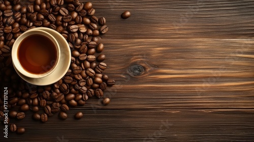 Top view of coffee beans and coffee cup on wooden table