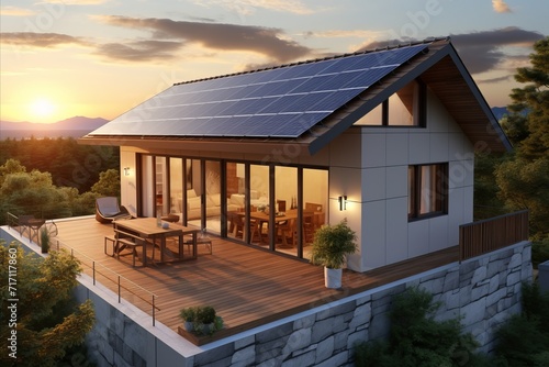 Modern futuristic smart home with rooftop solar panel system for sustainable energy solutions © sorin