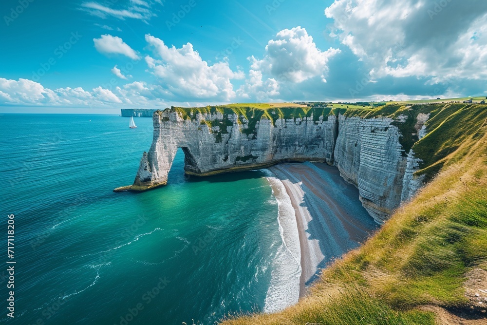 Picturesque panoramic landscape on the cliffs of Etretat. Natural amazing cliffs. Etretat, Normandy, France, La Manche or English Channel. Coast of the Pays de Caux area in sunny summer day. France - obrazy, fototapety, plakaty 
