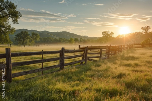 Foto Picturesque landscape, fenced ranch at sunrise