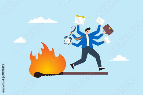 Businessman running above burning matchstick