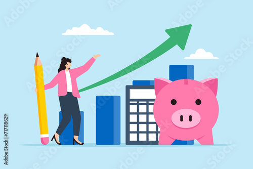 Woman plans savings with piggy bank growth chart