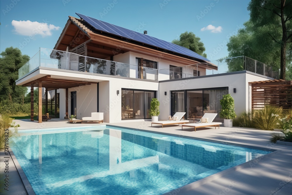 Futuristic smart home with solar panel rooftop system for sustainable renewable energy concepts