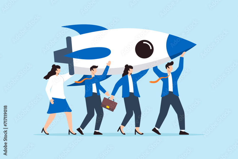 Obraz premium Business team collaborate to carry rocket for launch