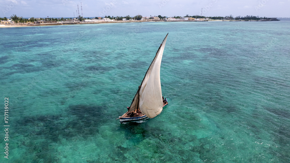 Naklejka premium Drone shot of a Dhow boat in Mozambique - Africa