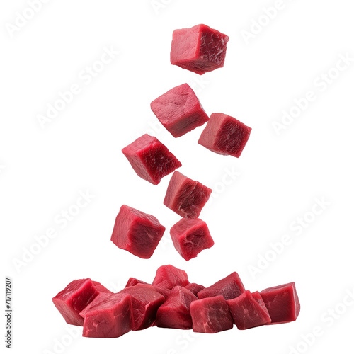 Falling meat beef cubes isolated on transparent background