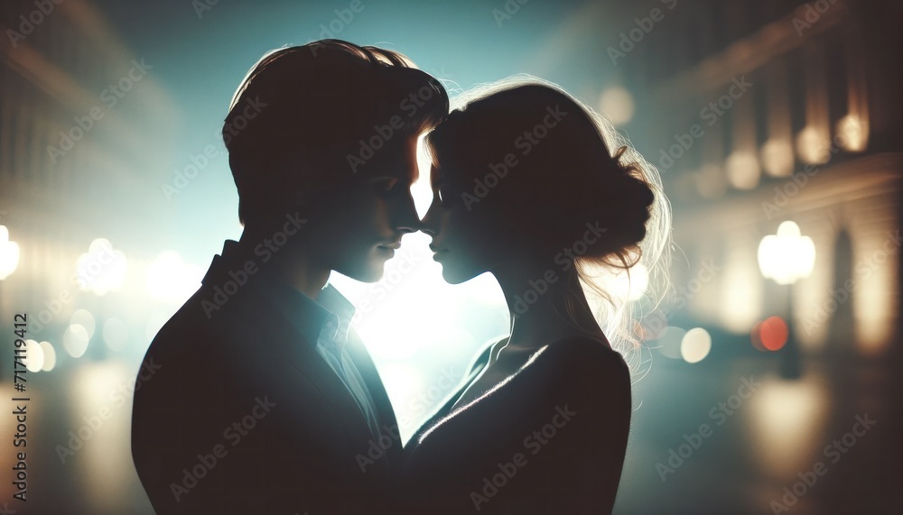 A close and personal silhouette of a couple against the bokeh of city lights, sharing a romantic moment in an urban setting