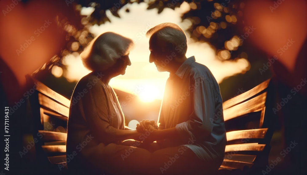 Silhouetted elderly couple seated closely on a park bench, sharing a quiet moment in the warm glow of the setting sun