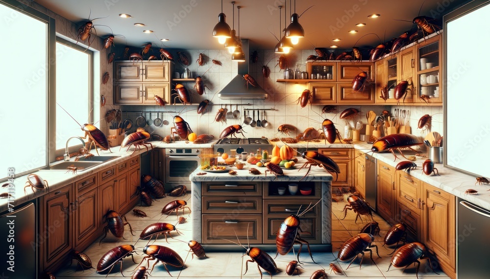 A surreal scene of a clean kitchen invaded by oversized cockroaches, creating a contrast of hygiene and infestation