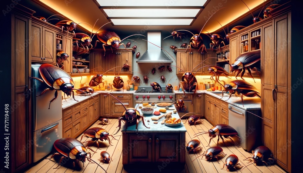 A vividly surreal kitchen scene swarmed by oversized cockroaches, combining elements of the ordinary and the fantastical