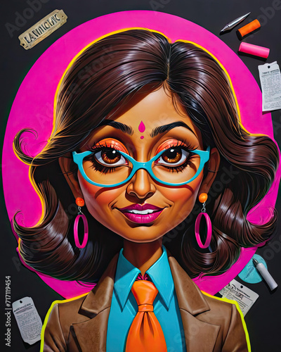 Close Up Caricature of a Terrible Boss - Short Brown-Skin South Asian Female Workaholic Blaming Others Gen AI photo