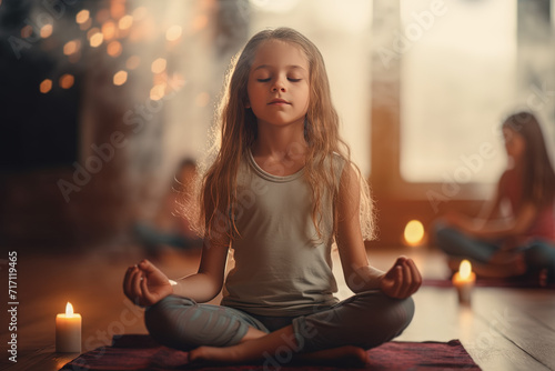 niña rubia practicando yoga haciendo la posición del loto, sobre suelo de madera, toalla y velas encendidas, sobre fondo de salón de yoga desenfocado y otras niñas practicando meditación photo