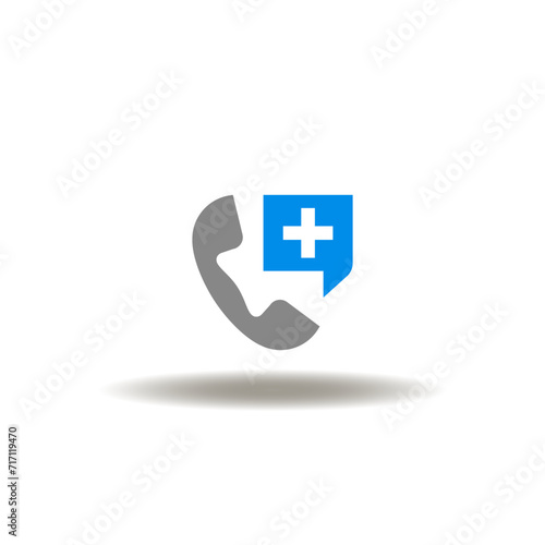 Vector illustration of handset and speech bubble with medical pharmacy cross. Icon of medicine pharmacy call center. Symbol of doctor consultation by phone. Sign of emergency hotline.