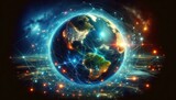 A vibrant illustration depicting Earth with a luminous network grid, highlighting global connectivity against the backdrop of space