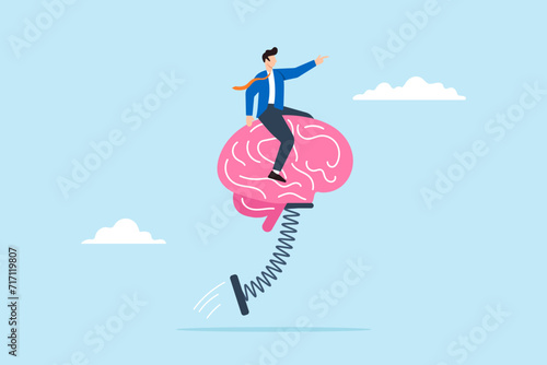 Businessman riding human brain on springboard