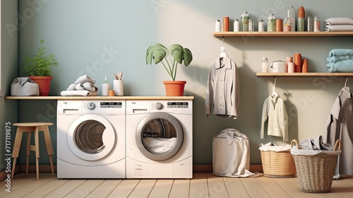 a laundry room scene with a basket filled with dirty clothes placed near modern washing machines.