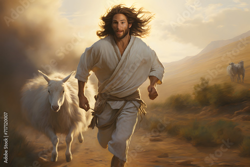 Jesus runs towards a lost lamb photo