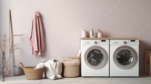 a laundry room scene with a basket filled with dirty clothes placed near modern washing machines. © lililia