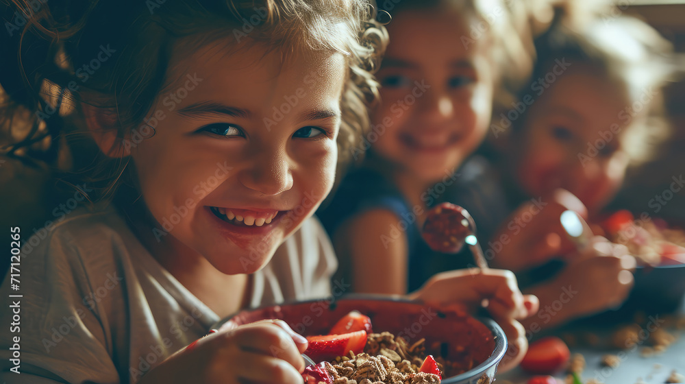 Child eating açaí in bowl with crunchy granola and fresh fruits smearing himself with fun. Child eating açaí in bowl with crunchy granola and fresh fruits smearing himself with fun.