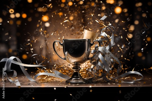 Golden and silver championship cup with celebration confetti and ribbon decoration