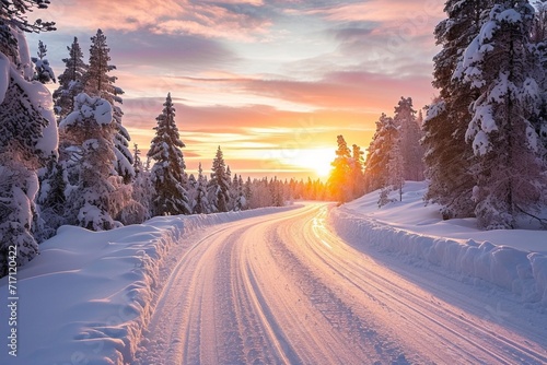 Sunset on a snow covered road in Finland