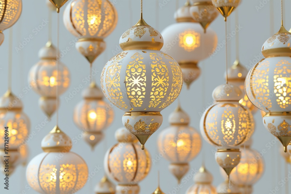 pattern of white and gold Arab lanterns on a white background close up, festive pattern of white and gold Arab lanterns on a white background close up, festive
