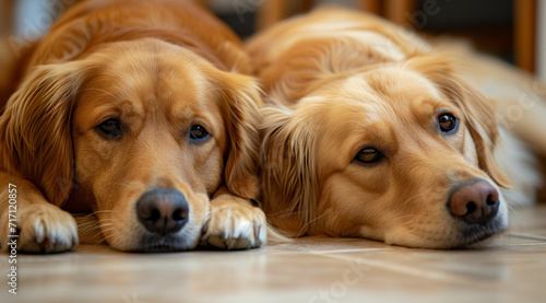 two dogs lay next to each other on the floor