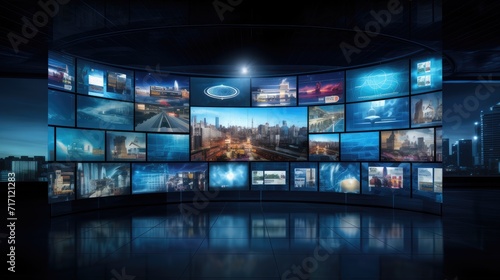 a multimedia video wall in a television broadcast setting, showcasing the dynamic display of various content across multiple screens.