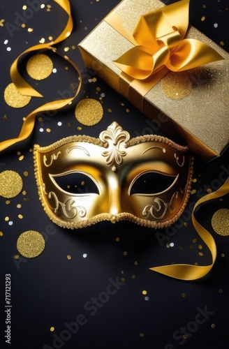 Happy Purim carnival flatlay. golden mask, gift box and confetti on black background, top view © Artem Zatsepilin