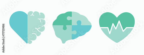 Mental health, brain, heart. Medicine, health, well-being, emotions, mind, heartbeat. Education, intelligence. Doctor, hospital, clinic. Healing, treatment, therapy. Set, icon, vector