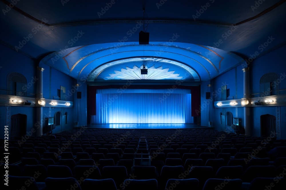 Naklejka premium Empty cinema hall with blue interior, white blank screen mockup, no people in auditorium