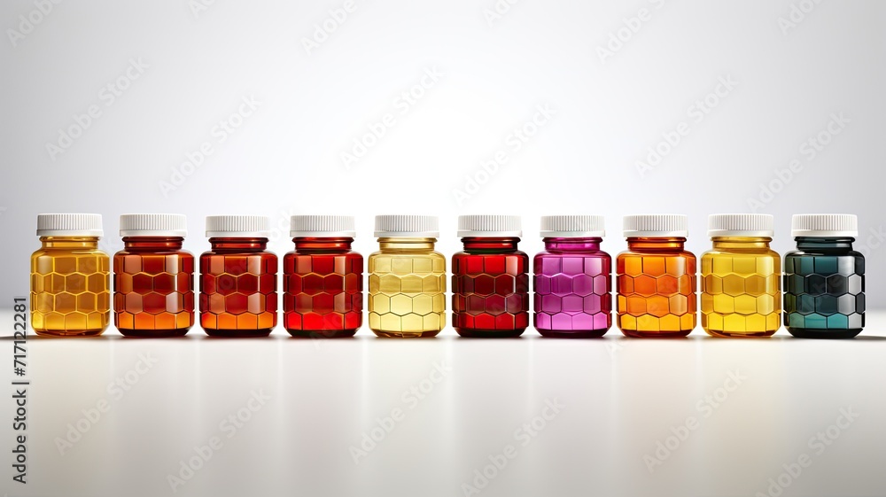 various capsules and tablets inside hexagonal jars, arranged in a honeycomb pattern, showcasing a collection of dietary supplements or medicines. various capsules and tablets inside hexagonal jars, arranged in a honeycomb pattern, showcasing a collection of dietary supplements or medicines.