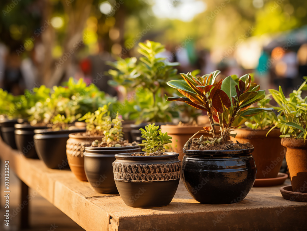 a group of planters in various pots , in the style of bokeh panorama, art of tonga, 