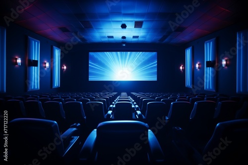 Empty cinema hall with blue walls and white blank screen mockup - no people, empty auditorium