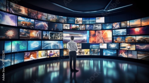 a multimedia video wall in a television broadcast setting, showcasing the dynamic display of various content across multiple screens. photo