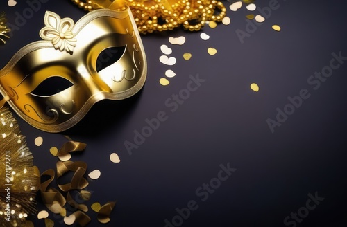 happy Purim carnival composition. golden mask, ribbons and confetti on black background, flatlay © Artem Zatsepilin