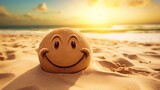 Smiling winking happy sun on golden beach sand