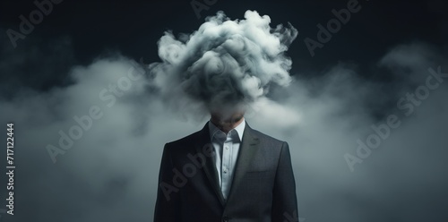 businessman with cloud on face, smoke, head Explosion,  suit, concept business background photo