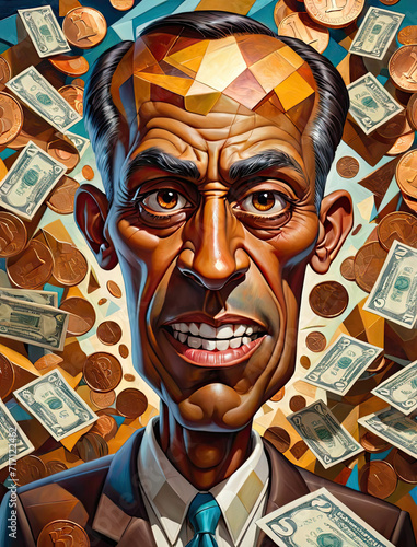 Caricature of an Incompetent Boss - Slender Brown-Skinned Hispanic or Latino Male Counting Pennies Gen AI photo