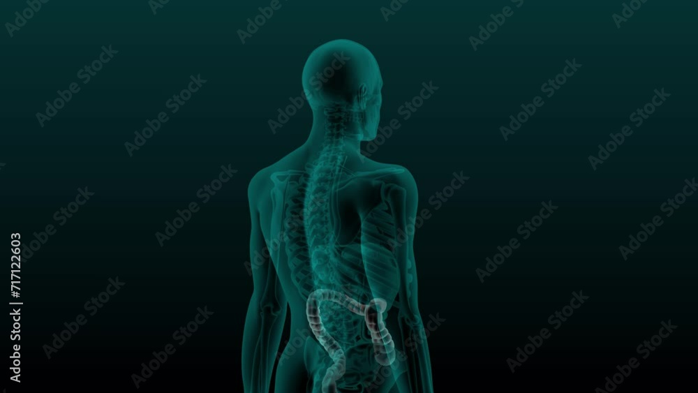 X-ray scan of the human digestive system. Anatomically accurate 3d render animation of the large intestine Colon. X-ray scan of the human digestive system. Anatomically accurate 3d render animation of the large intestine Colon.