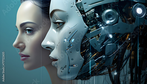 Uma bela mulher em close de seu rosto e ao seu lado sua versão em robô humanoide photo