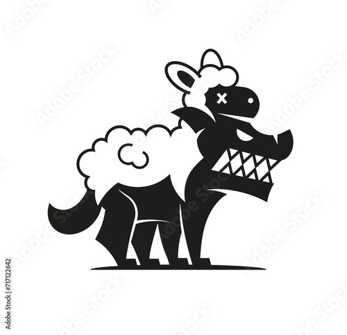Vector illustration of a wolf in sheep s clothing on a white photo
