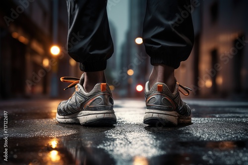 Close up of male Feet in Jogger Shoes on street, Ai Generated