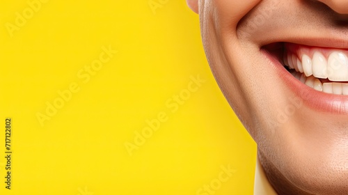 Charming male smile with dazzling white teeth, showing excellent dental health and hygiene. Ideal for dental illustrations. yellow background. Copy space for text. Generative AI photo