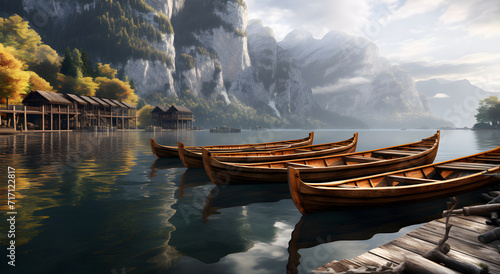 Uma linda paisagem tranquila de um lago com canoas e belas montanhas ao fundo photo