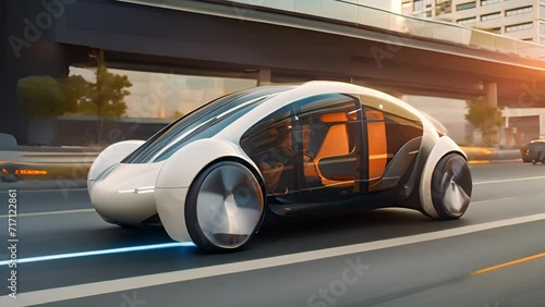Futuristic car drives through smart city, a concept vehicle of tomorrow, 4K photo