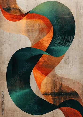 Colorful waves of different shades of green and orange with vibrant display of fluidity and contrast, this modern abstract painting the essence of nature through a bold mix of green and orange hues.